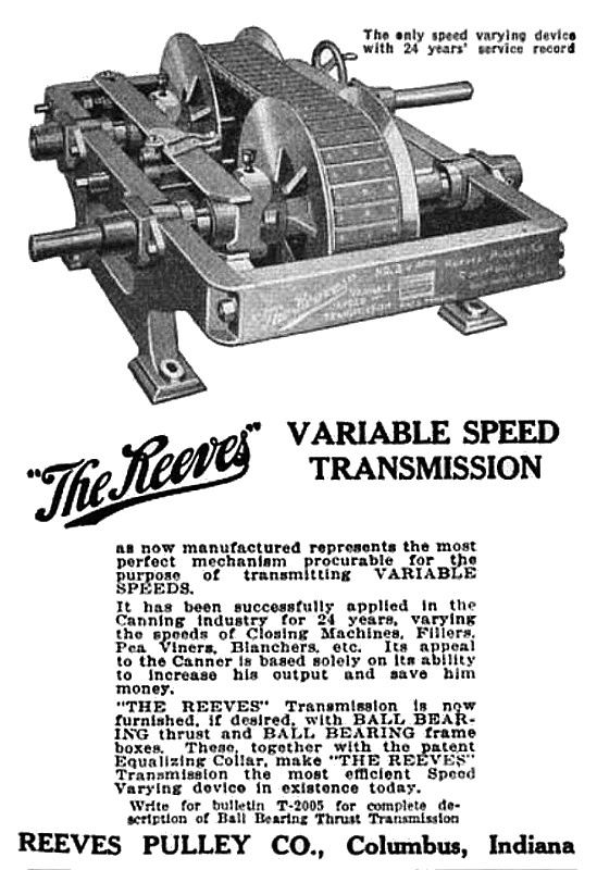 Una pubblicità del "motore a trasmissione variabile" dei fratelli Reeves